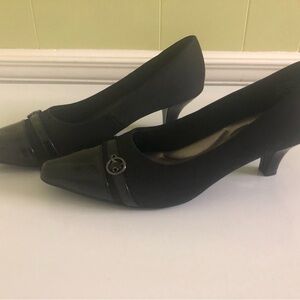 Kelly & Katie Black Kitten Heels with Patent Cap Toe and Glossy Buckle Detail
